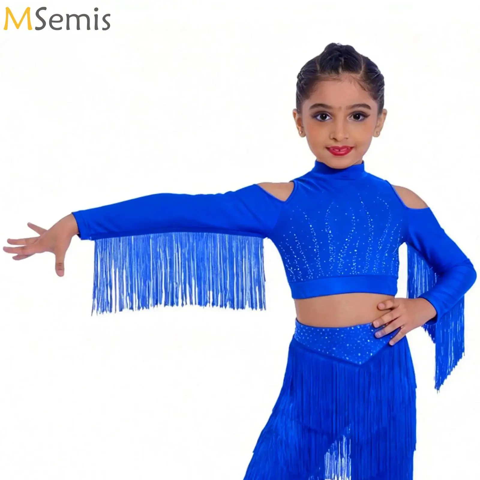 

Детский балетный костюм для девочек, современный танцевальный костюм с длинными рукавами и бахромой, укороченный топ для чачи и танго, одежда для выступлений