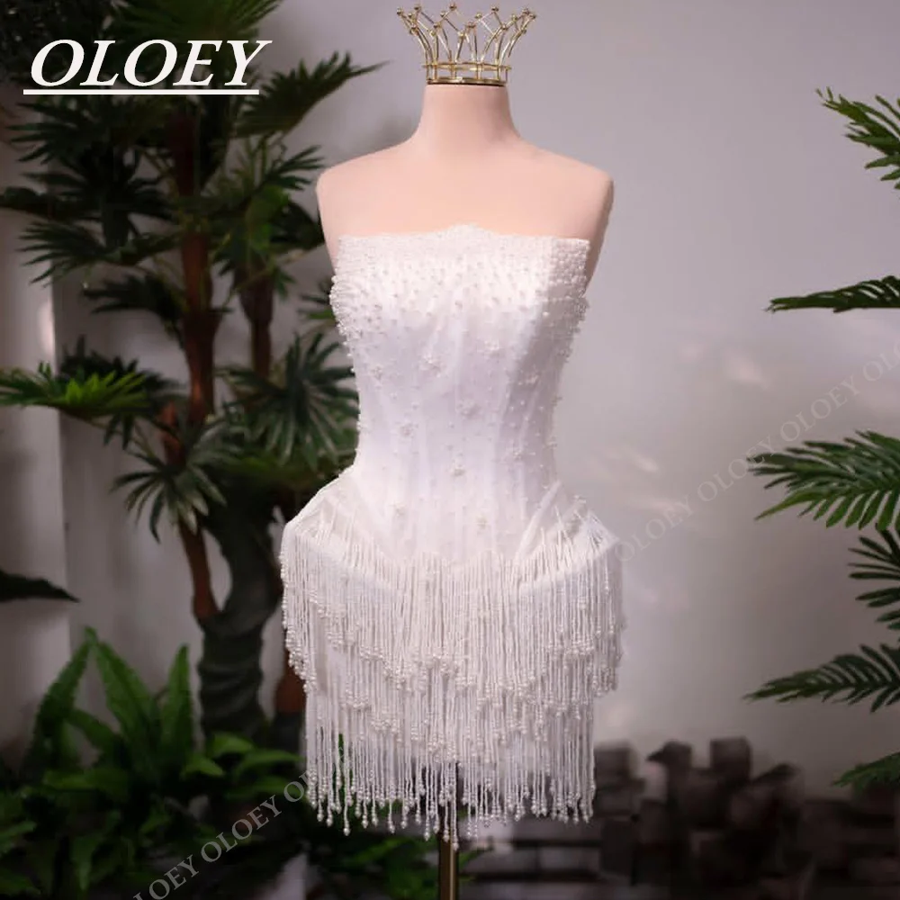 OLOEY Luxury Pearls Strapless Short Wedding Dresses Handmade Tassel Mermaid Mini Bridal Gown Customized Vestidos De Novia