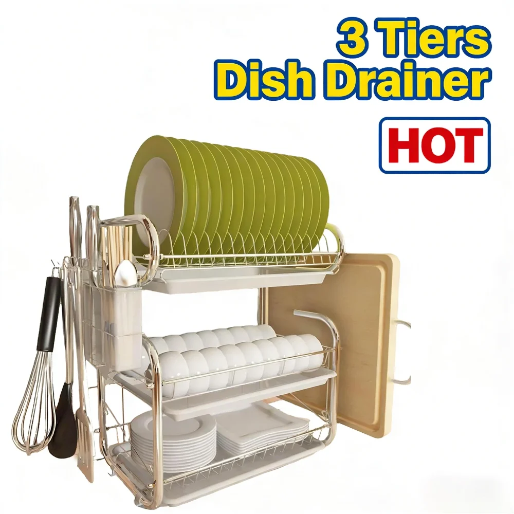 

Трехуровневая сушилка для посуды, многофункциональная кухонная подставка с нанопокрытием, защитой от ржавчины, держателем для разделочной доски и набором для слива воды для тарелок и мисок