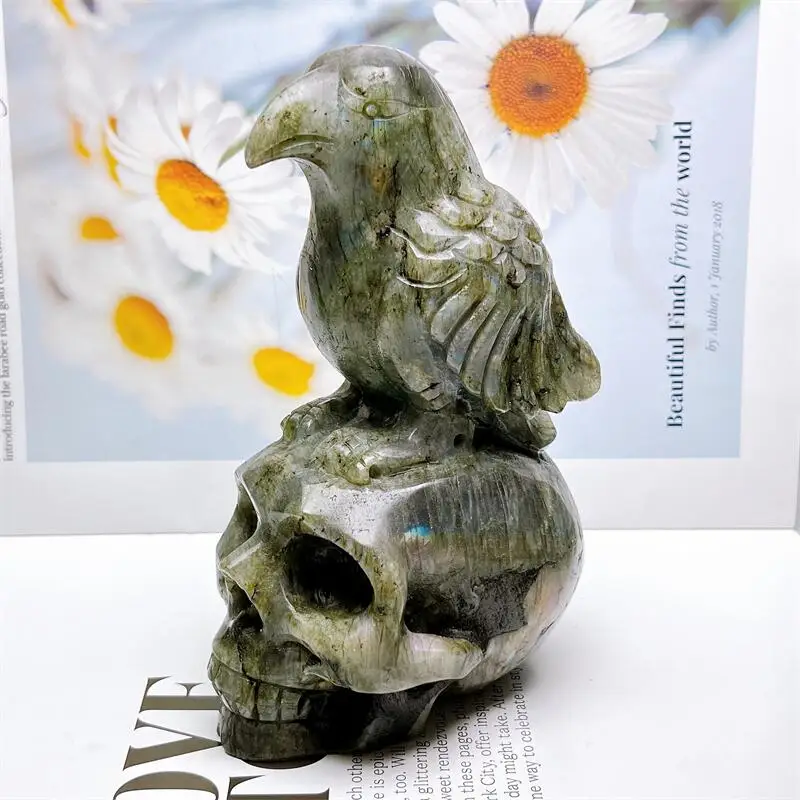 Natural Labradorite Crow With Skull Carving Figurines Reiki Healing Fengshui Home Decor Crafts Gifts 1PCS