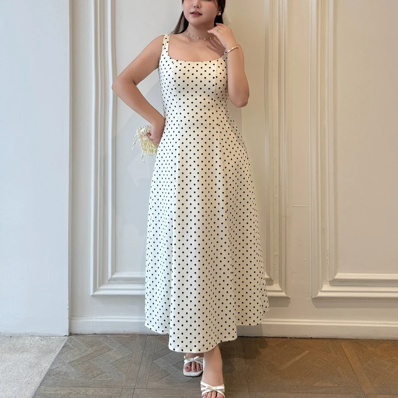 

Платье макси в горошек во французском стиле больших размеров, женское, с квадратным вырезом, трикотажное, облегающее, без рукавов, на бретельках, длинное, высокое качество 9506