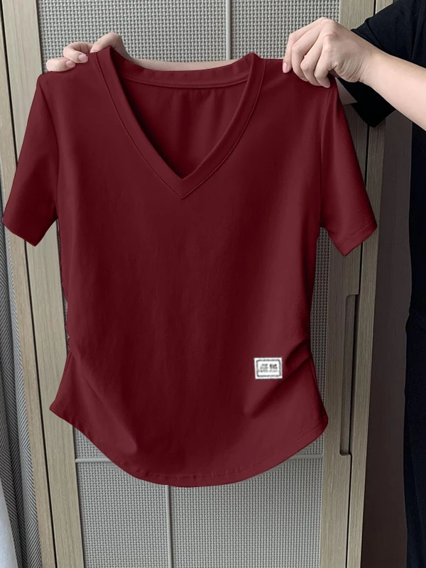 Slimming Large Size Summer T-Shirt Women's Pure Cotton V-Neck Short Sleeve Fashion Pleated Design Versatile Shoulder Level Top