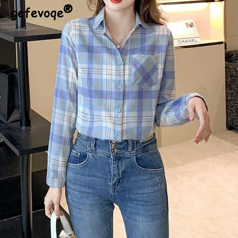 Retro Plaid Pattern Patchwork Pockets Blouse Fashion Polo-Neck Sanding Single Row Multi Buckle Loose Blue Women\'s Shirts