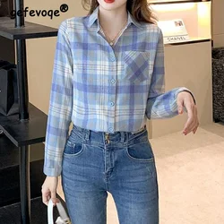 Retro Plaid Pattern Patchwork Pockets Blouse Fashion Polo-Neck Sanding Single Row Multi Buckle Loose Blue Women's Shirts