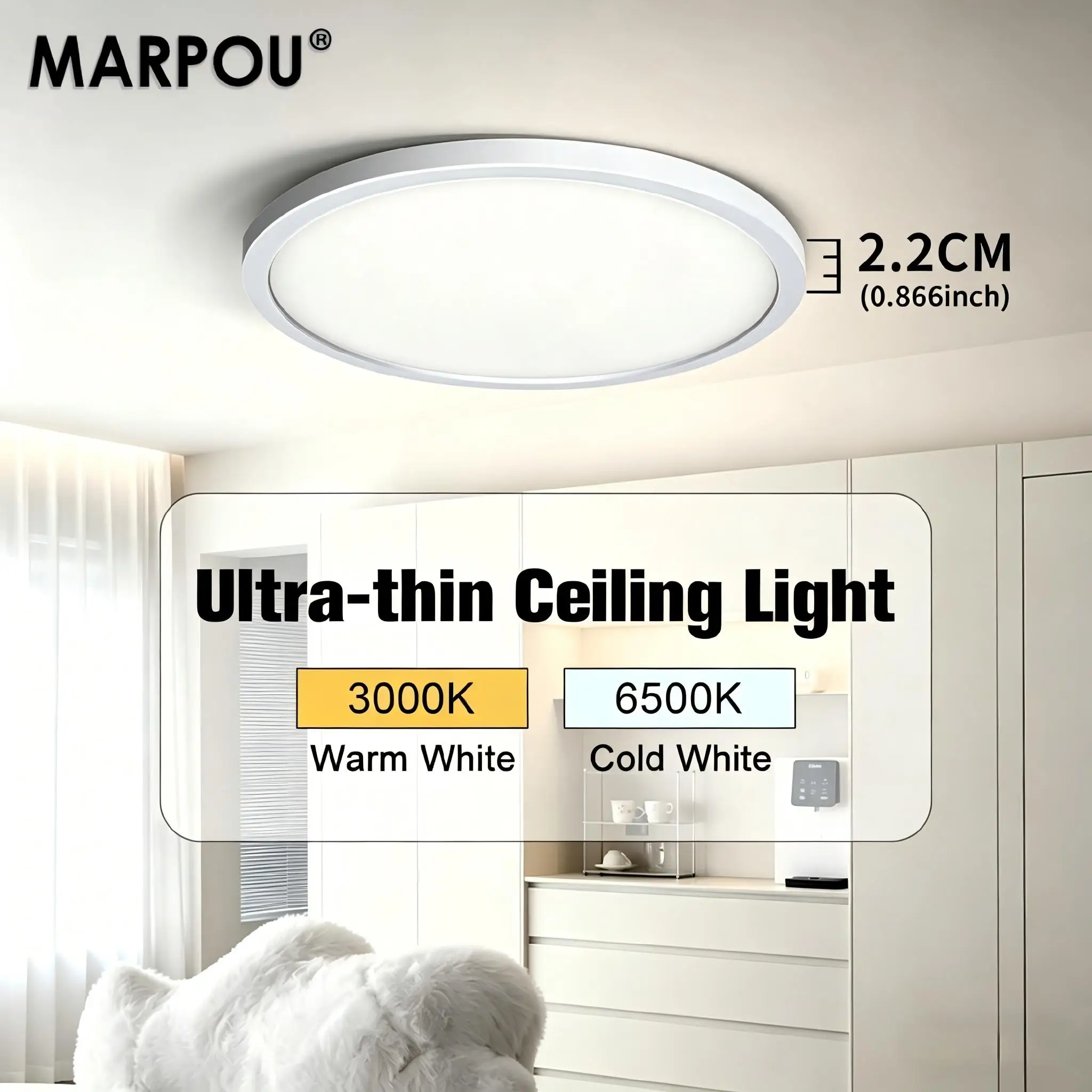 MARPOU 2 cm ultradünne LED-Rundleuchte, warm-/kaltweiße LED-Deckenleuchte, Schlafzimmer, Küche, Flur, Heimbeleuchtung, kein Flimmern