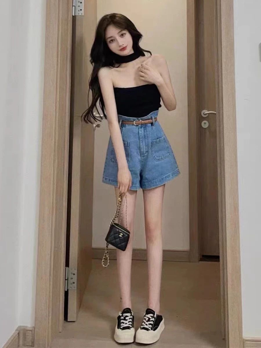 

High Waist Wide Leg ort Jeans Women's Summer Thin Loose A-Line Straight Cut Hot Pants High Waist Wide Leg ort Jeans