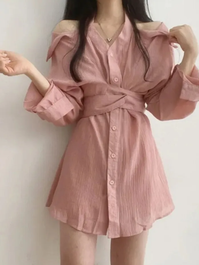 

Unique Beautiful Summer irt Dr Women's Long Sve V-Ne Hang Ne Waist Cinching Slimming oulder Baring Dr
