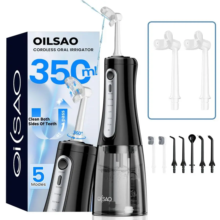 

Водяная нить для чистки зубов, головка нити в форме США для глубокой очистки 360 градусов, 5 режимов усилителя 9 струйных насадок, водонепроницаемость IPX7, перезарядка