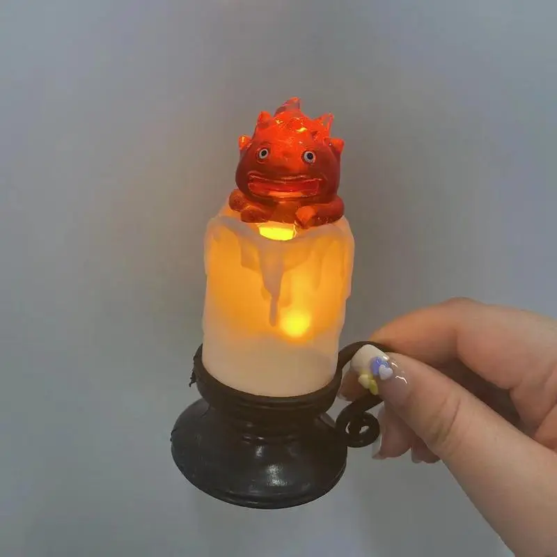 Calcifer lampka nocna Anime uchwyt na świeczka bez ognia nafty lampa świeca z guzikiem bateria kreskówka świeca dekoracja świetlna rekwizyt