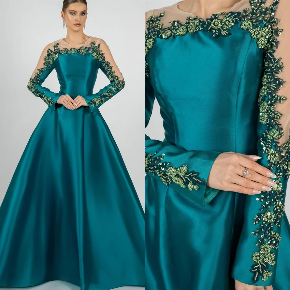 

Customized Temperament Satin Evening Dress Exquisite O-Neck Long Sleeves Homecoming Dresses Luxury Special Occasion Gowns