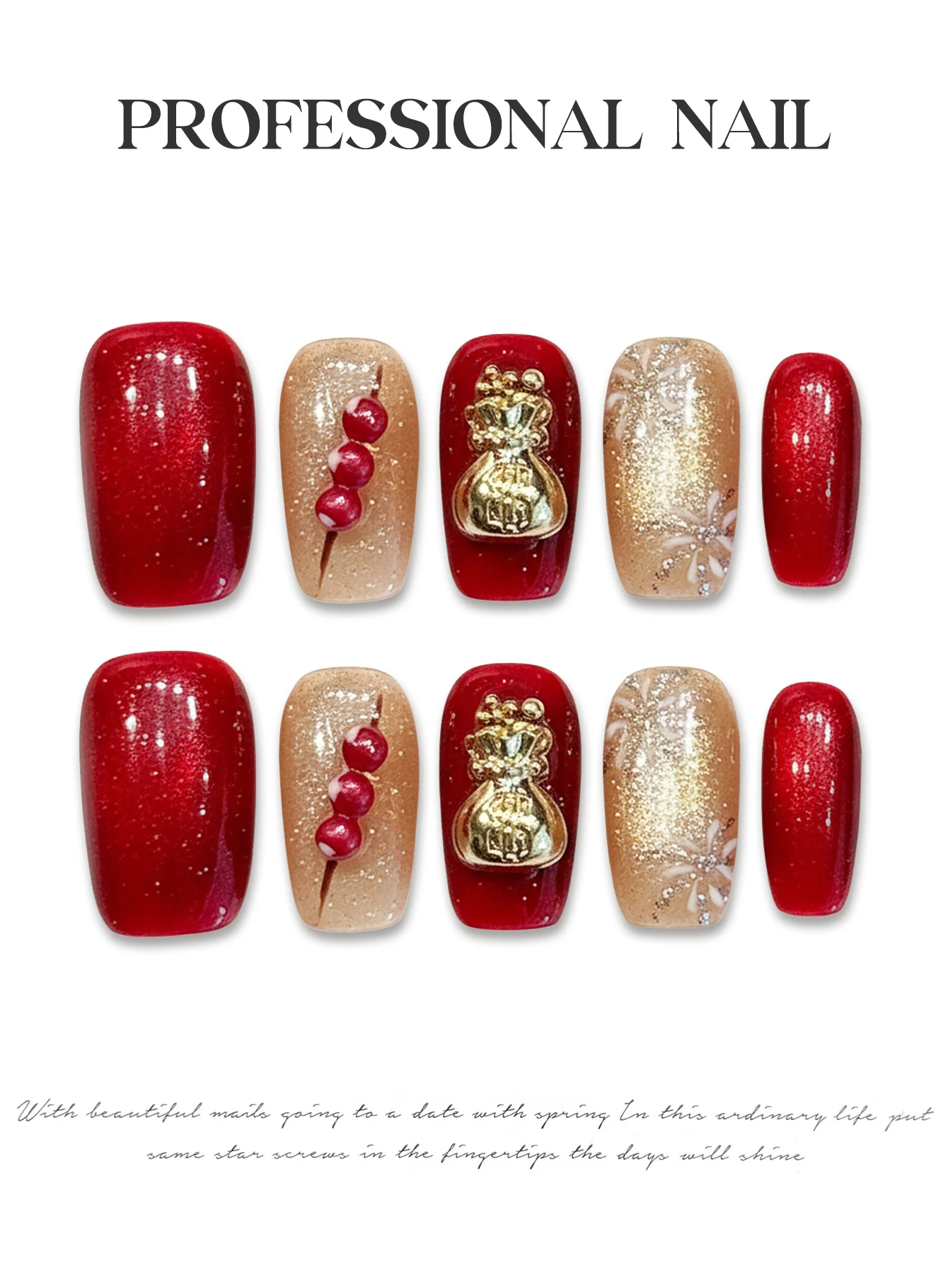 10 Stück Rotgold Katzenauge Press On Nails Lucky Cat Neujahr Künstliche Nägel Handgemachte Maniküre Quadrat Glitzer Nägel Aufkleber 3D Dekor