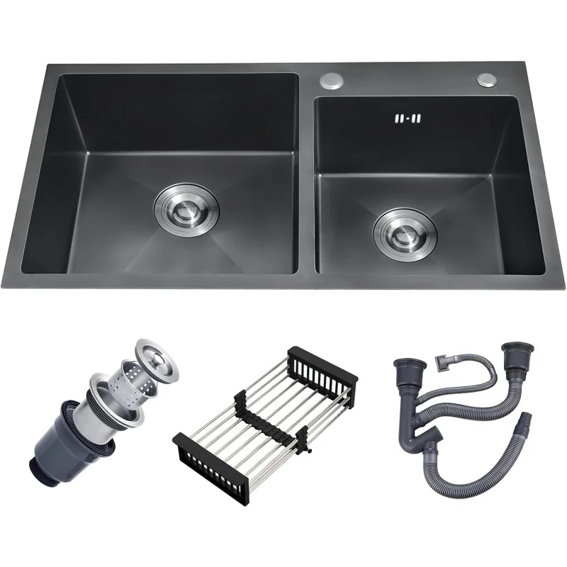 31 x 18 Black Double Bowl Kitchen Sink, Drop-in/Topmount Overmount Kitchen Sinks Basin with 304 Nano-Coated and Accessories