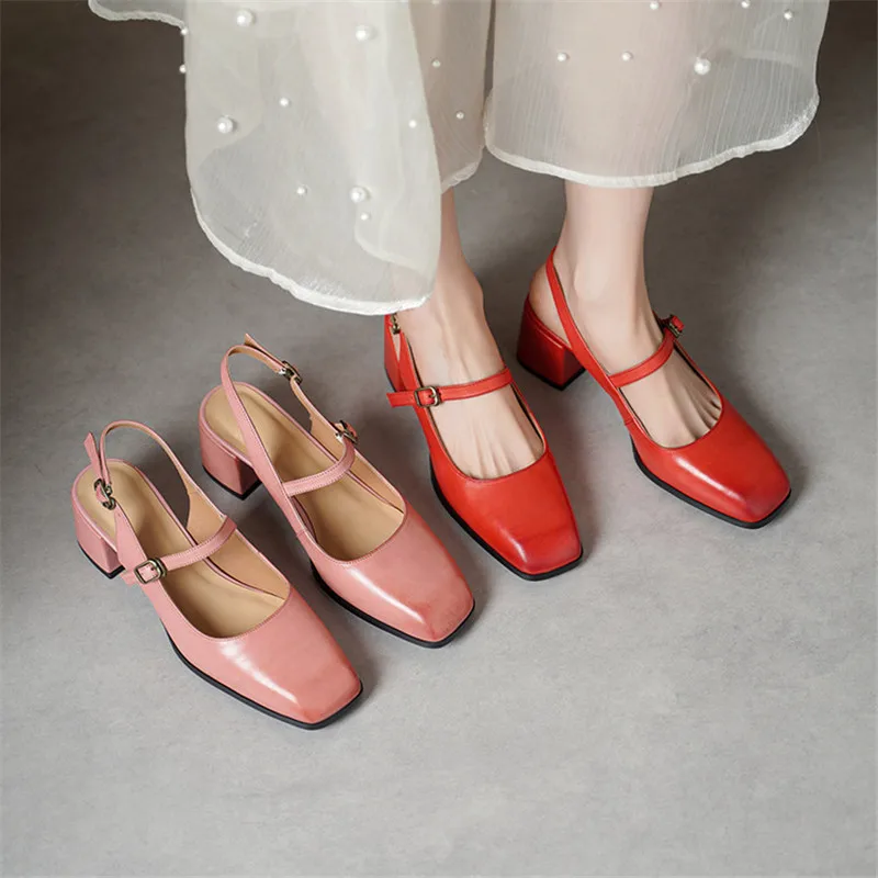 

New Summer Sandals Genuine Leather Sandals for Women Fashion Square Toe High Heels Cover Toe Sandals Ladies Shoes Casual Shoes