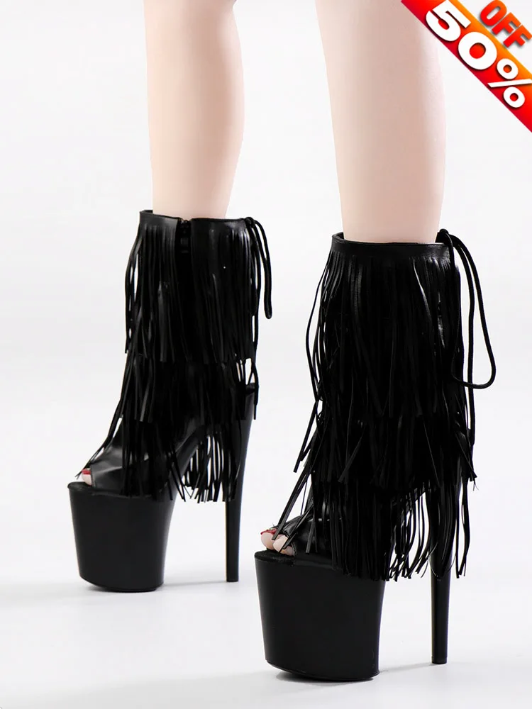 Sexy Fetish Black Fringe Ankle Boots 20cm Peep Toe Platform Boots Pole Dance Shoes 8Inch Stripper Fashion Retro Nightclub Model