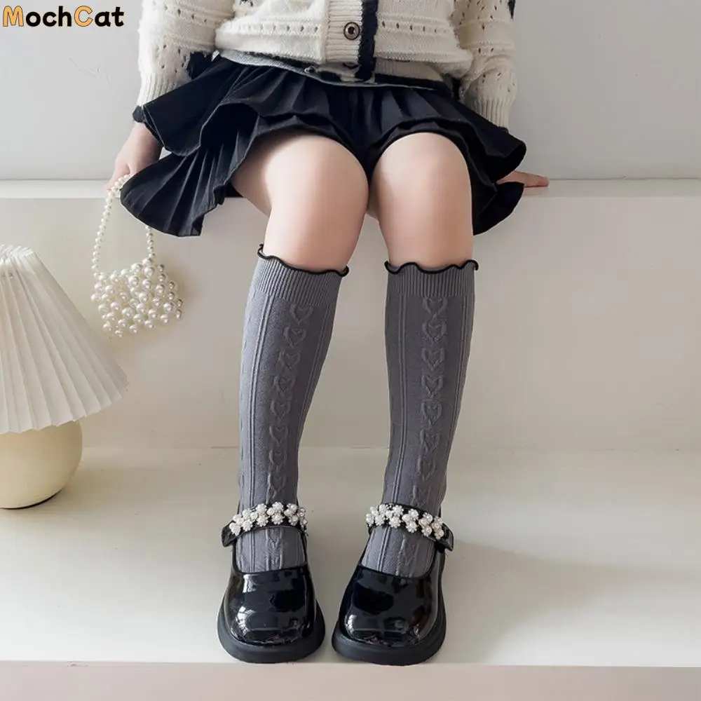 

2 pair Cotton Kids Ruffle Calf Sock Heart Breathable Children Lace Midtube Socks Lolita JK Knitted Long Stockings Girls