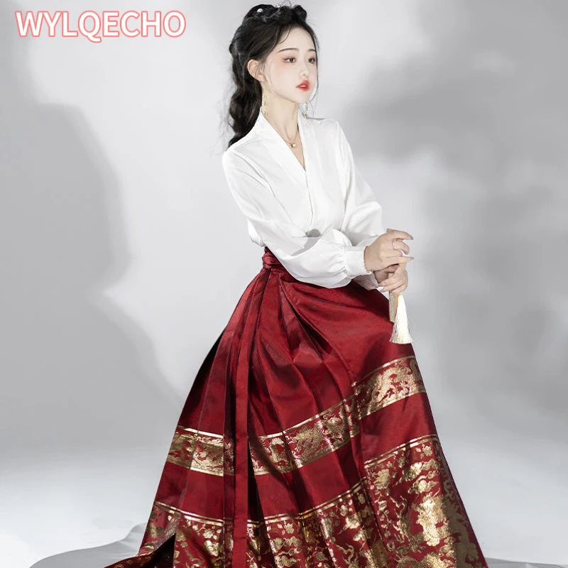 Original Ming Dynasty Blue Horse Face Skirt Traditional Chinese Style Women Hanfu Dress Set Elegant Vintage Shirt 2pcs/Set