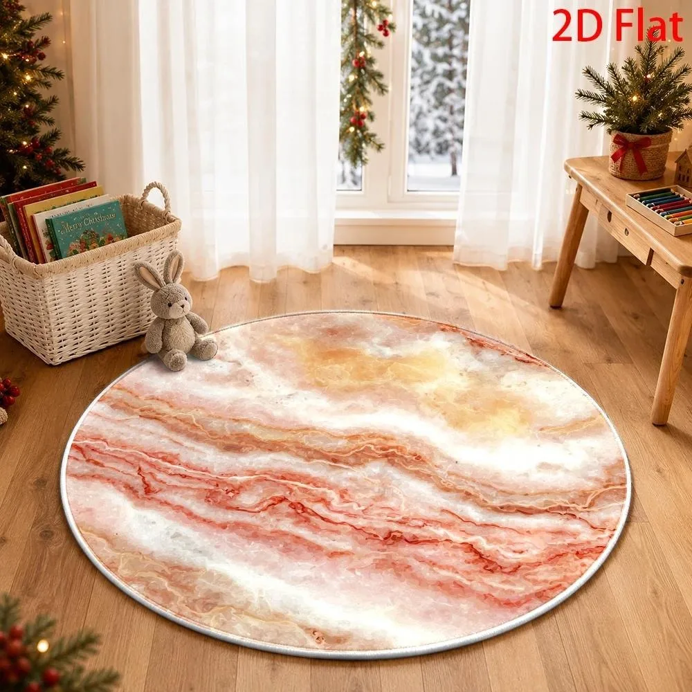 Luxury Natural Stone Round Rug,Gold Grey Blue Onyx Marble Streak Abstract Pattern Printed Circular Floor Mat,Living Room