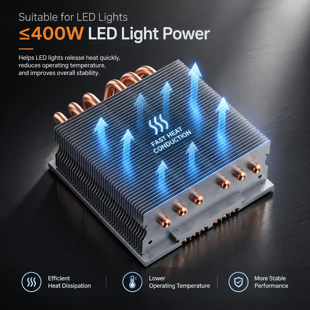 ≤400W LED Light Heat Sink 6Heat Pipe Radiator Extend Lamp Life Compatible Laser Headlight Semiconductor Module & Stage Spotlight