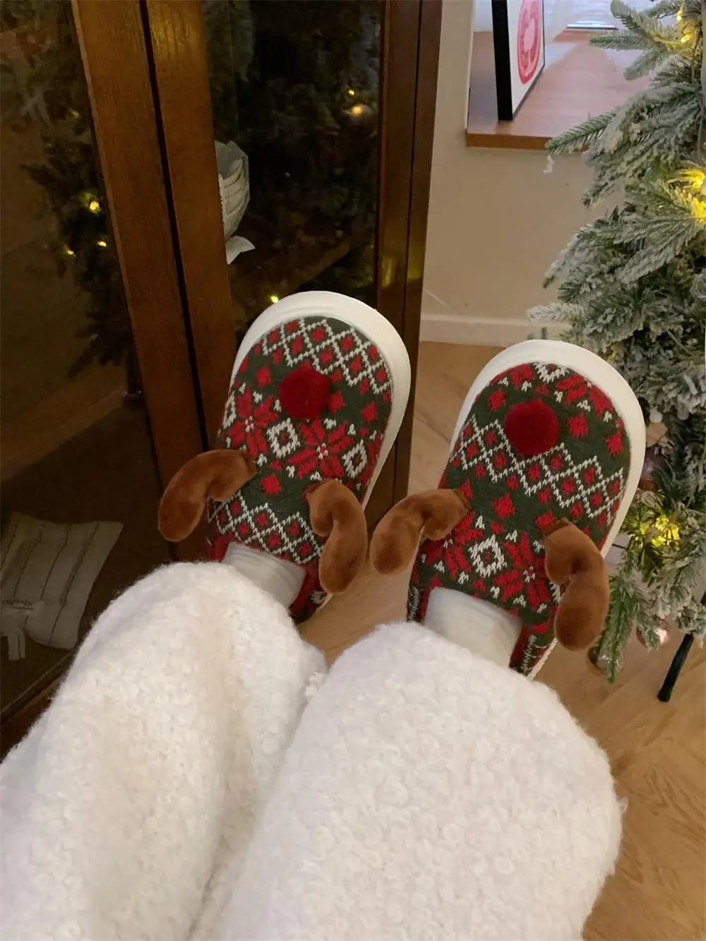 Zapatillas de casa cálidas y a la moda para mujer, suela suave, Reno de Navidad, invierno, interior, hogar, dibujos animados, algodón