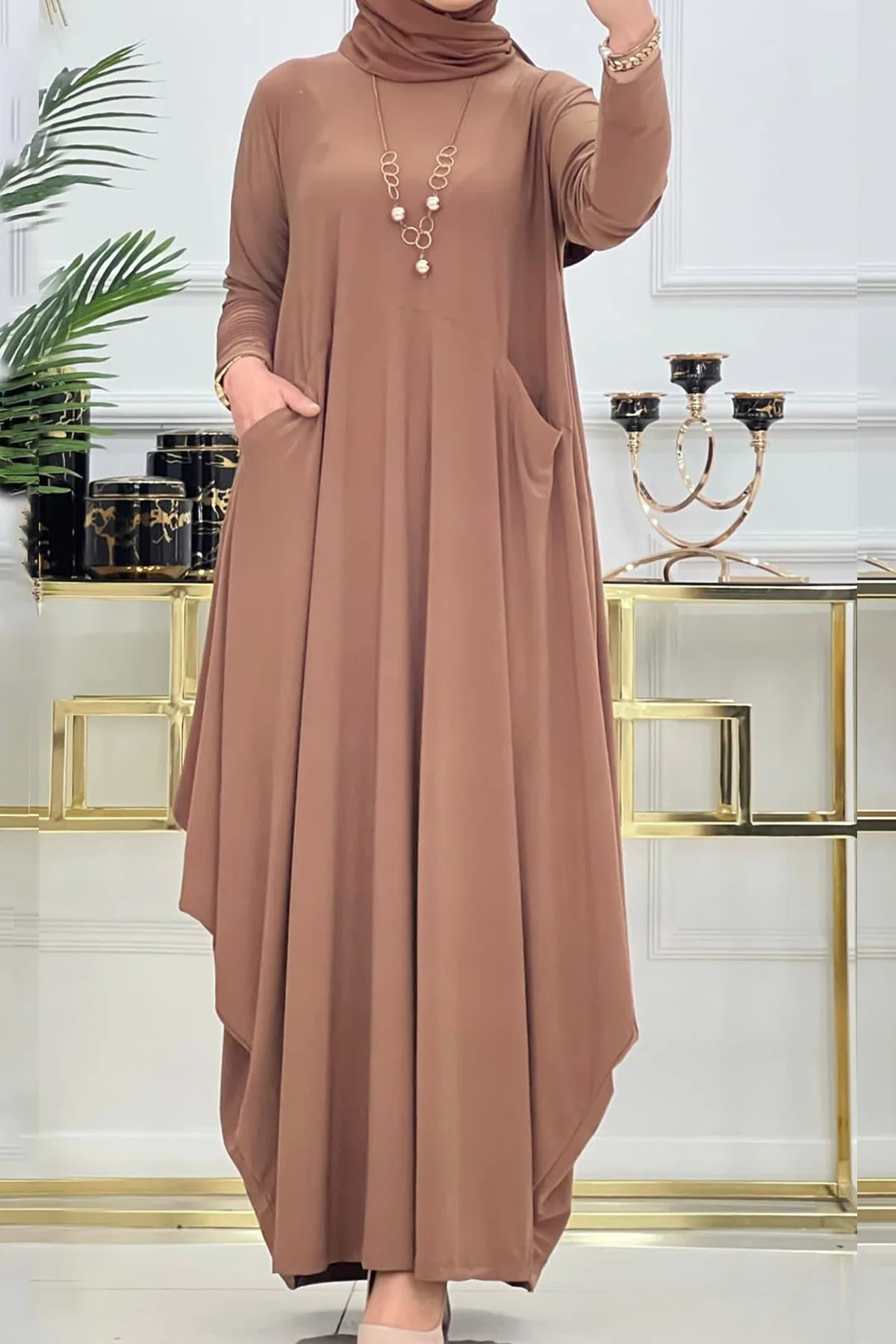 

2025 Muslim Women's Dress Loose Irregular Hem Pockets Stretch Fabric Solid Maxi Dress