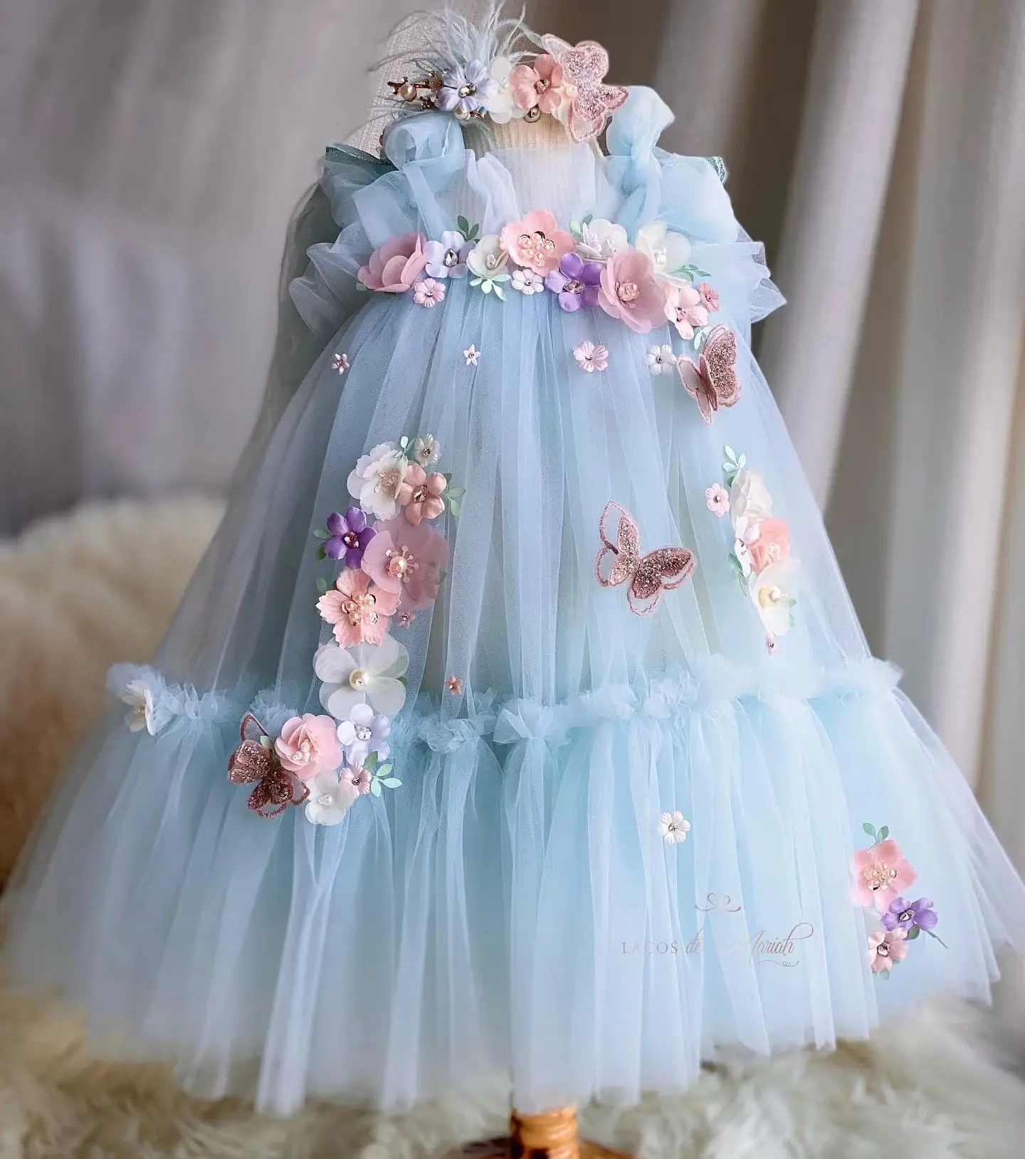 Lovely Sky Blue Flower Girl Dresses For Wedding Butterfly A Line Floral Lolita Toddler Pageant Gowns Kids Birthday Dress