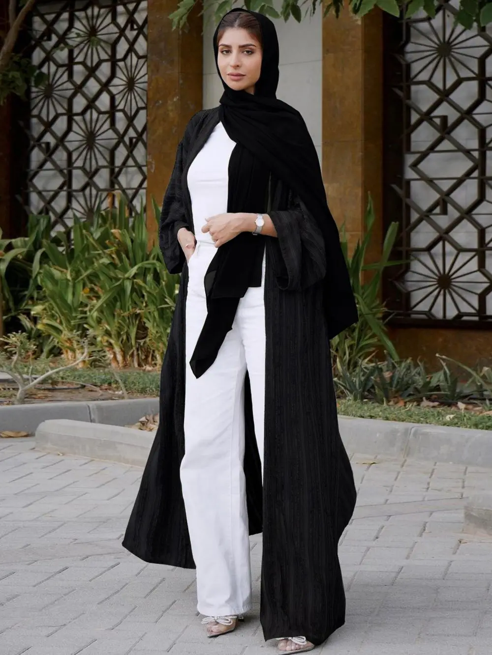 Muslim Open Kimono Abaya Striped Retro Ethnic Cardigan Robe Dubai Middle Eastern Saudi Arabia Eid Clothes Black