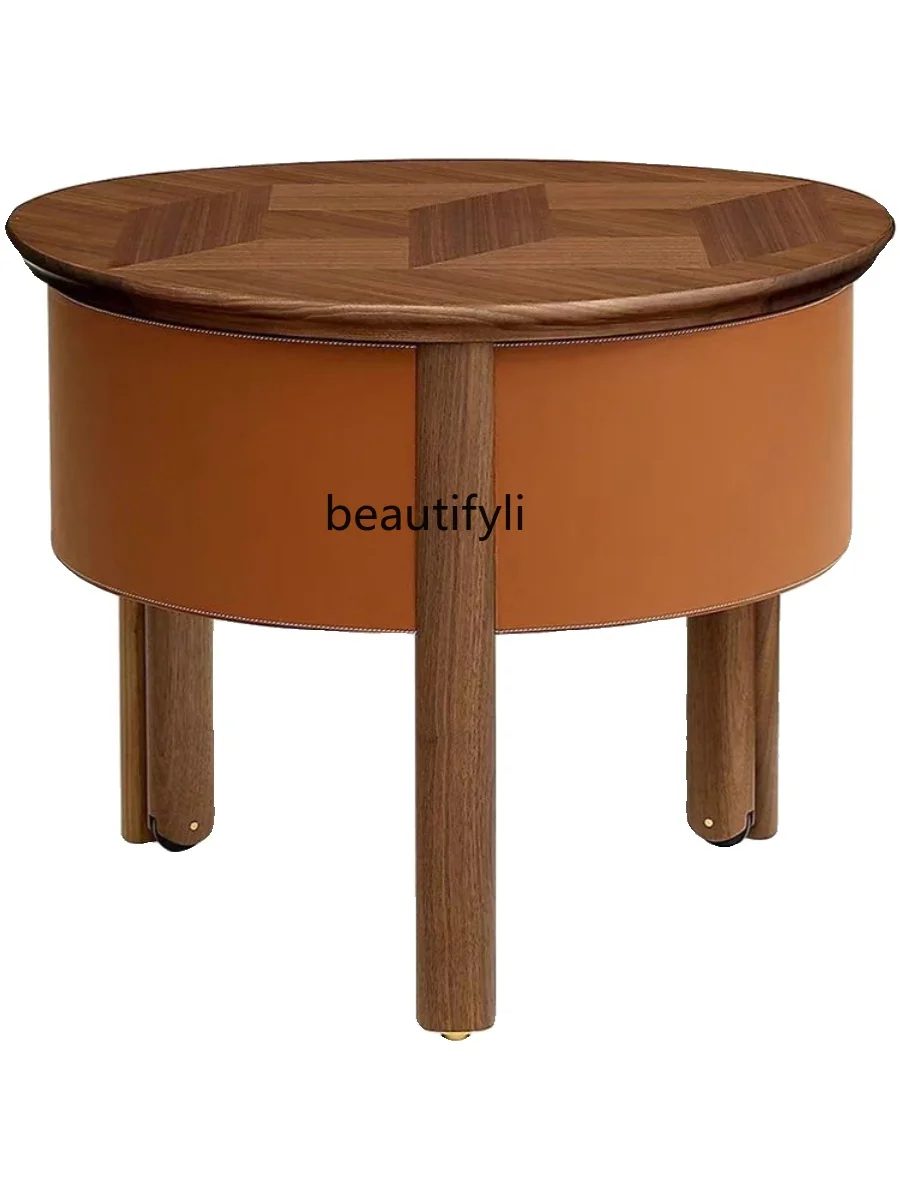 Light luxury Italian solid wood storage sofa side table corner table side creative universal wheel small round table