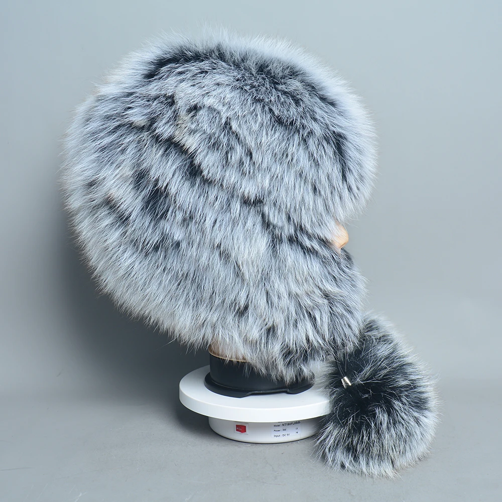 Hot Sale Winter Hat 100% Real Natural Silver Fox Fur Women\'s Knitted Fur Cap Women Hat Fox Fur Hat Female Ear Warm Winter Must