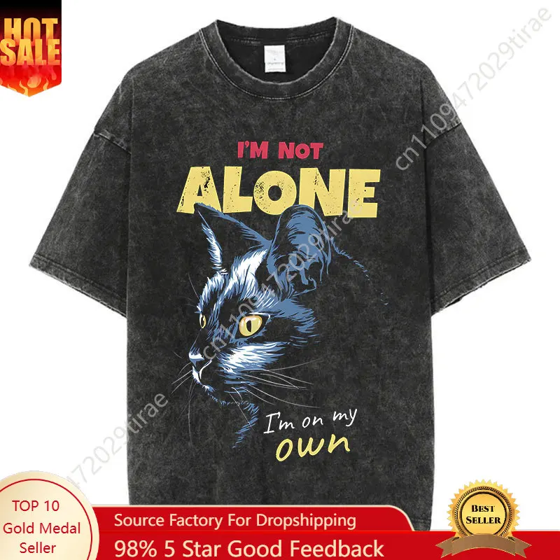 Tier-Katzen-Print Vintage Washed T-Shirt Harajuku Streetwear Grafik Y2K T-Shirt Sommer Kurzarm 100% Baumwolle Hip Hop T-Shirt