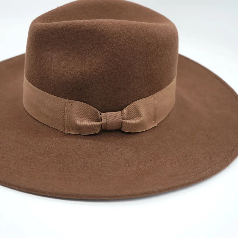 Wide Brim Fedora Hat -100% Wool Felt Water Resistant Ribbon Bow Band  Winter Hats