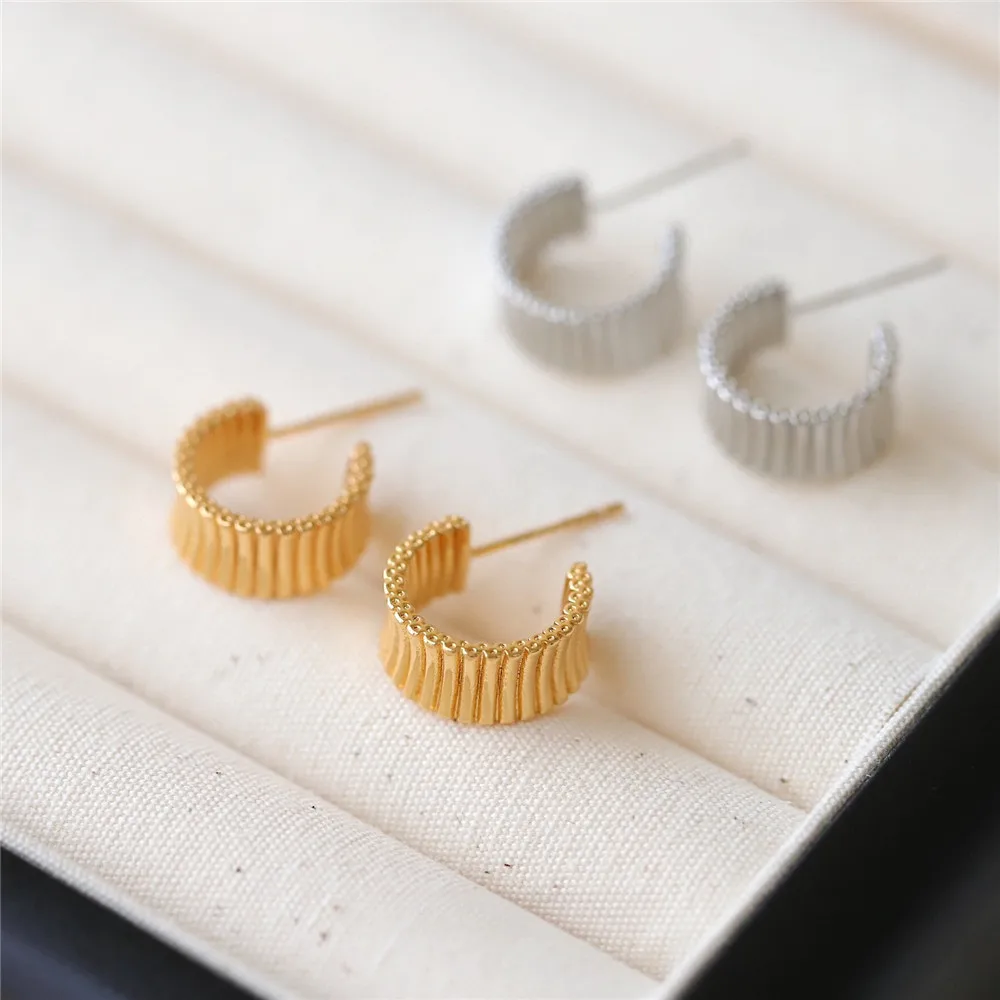 Copper-plated Real Gold C-ring Horizontal Pattern Stud Earrings Girls Versatile Ins Fashion Versatile Earrings