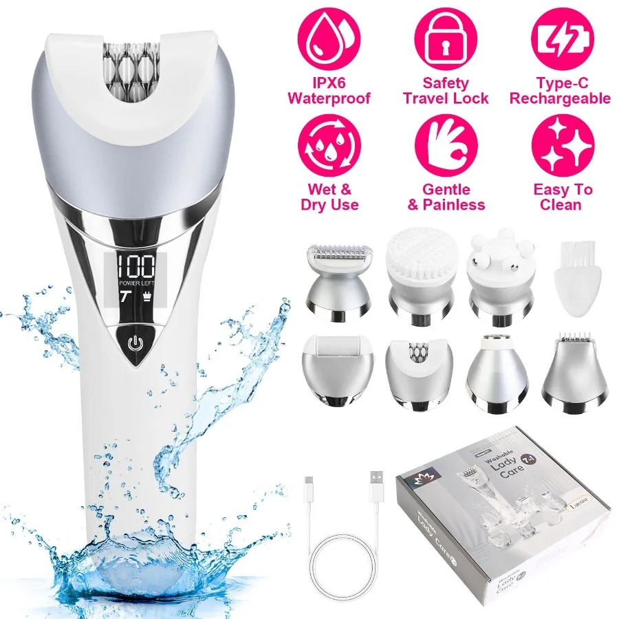 

7 In 1 Electric Razor for Women Lady Hair Removal Epilators for Leg Face Arm Bikini Armpit Public Hairs IPX6 Wet and Dry Use Co