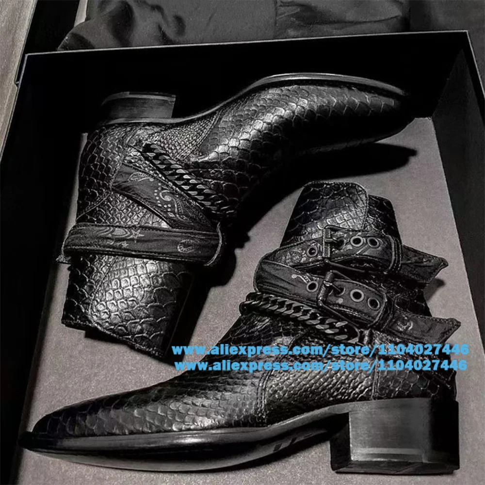 

Chelsea Boots Men's Leather Serpentine Flower Booties Chains Harness Buckle Boots Stacked Heel Boots Side Zip Handmade Men Boots