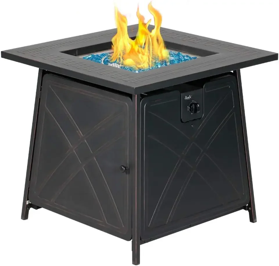 Gas FirePit Table, 28 inch 50,000 BTU Square Outdoor Propane Fire Pit Table with Lid and Blue Fire Glass