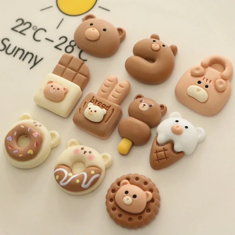 10 Pcs New Cute Mini Cartoon Chocolate, Bread, Bear Flat Back Resin Cabochon DIY Jewelry Hairpin Craft Decoration Accessories