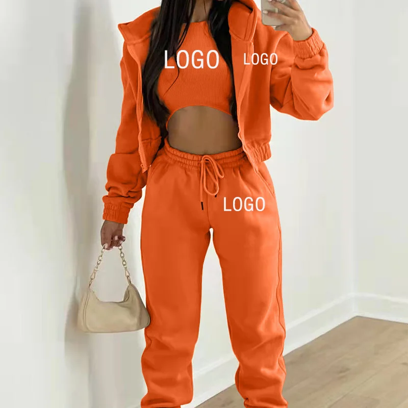CustomLogo AutumnWomen 3Piece Set Solid Color Sportswear Fashion Zipper Sweatshirt Jogger Hoodies+Pants+vest Outfits Female Suit