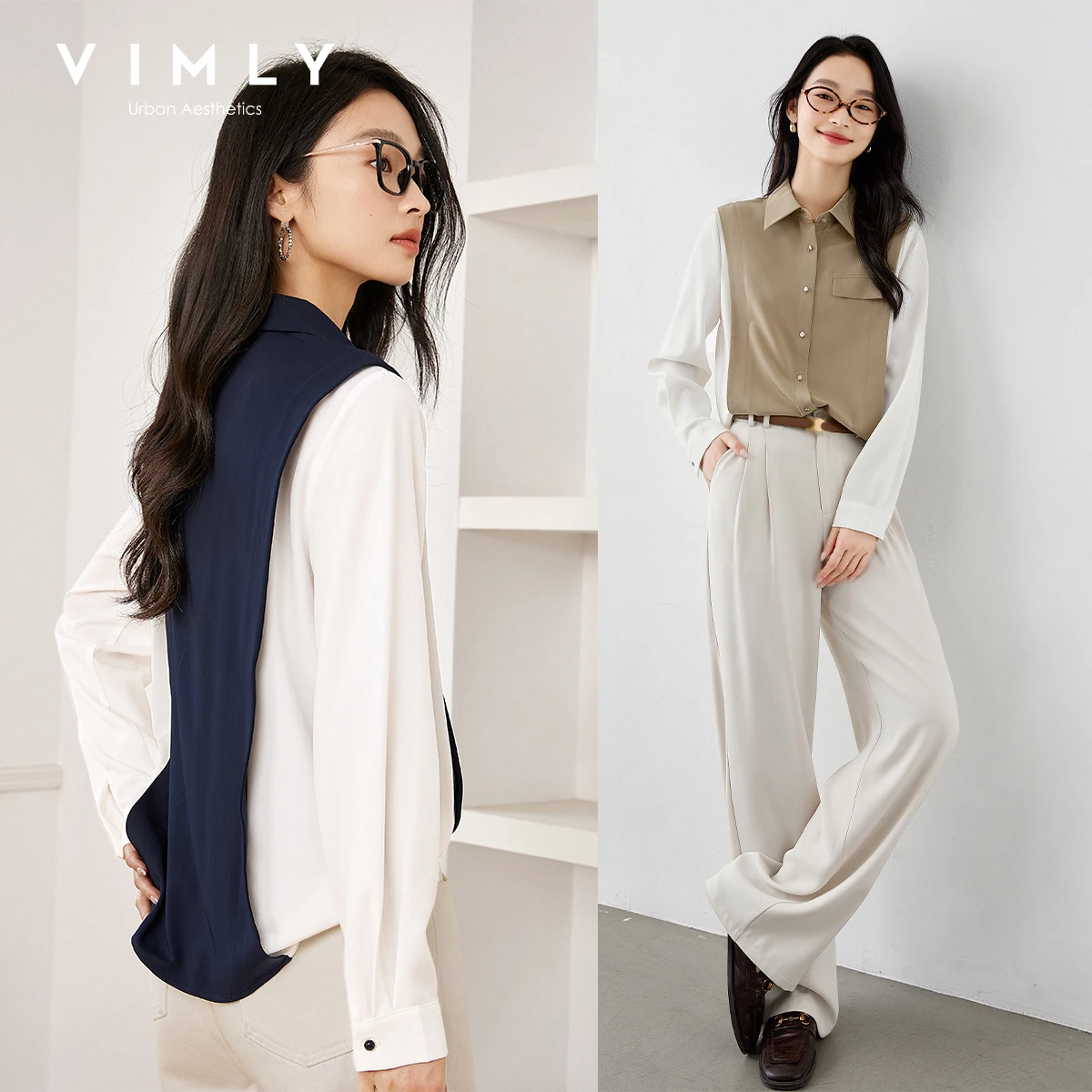 

Женские рубашки VIMLY: офисный стиль, современный дизайн с цветовыми блоками, длинный рукав, блузки, весна-осень 2026, шикарный топ, женская одежда M2636
