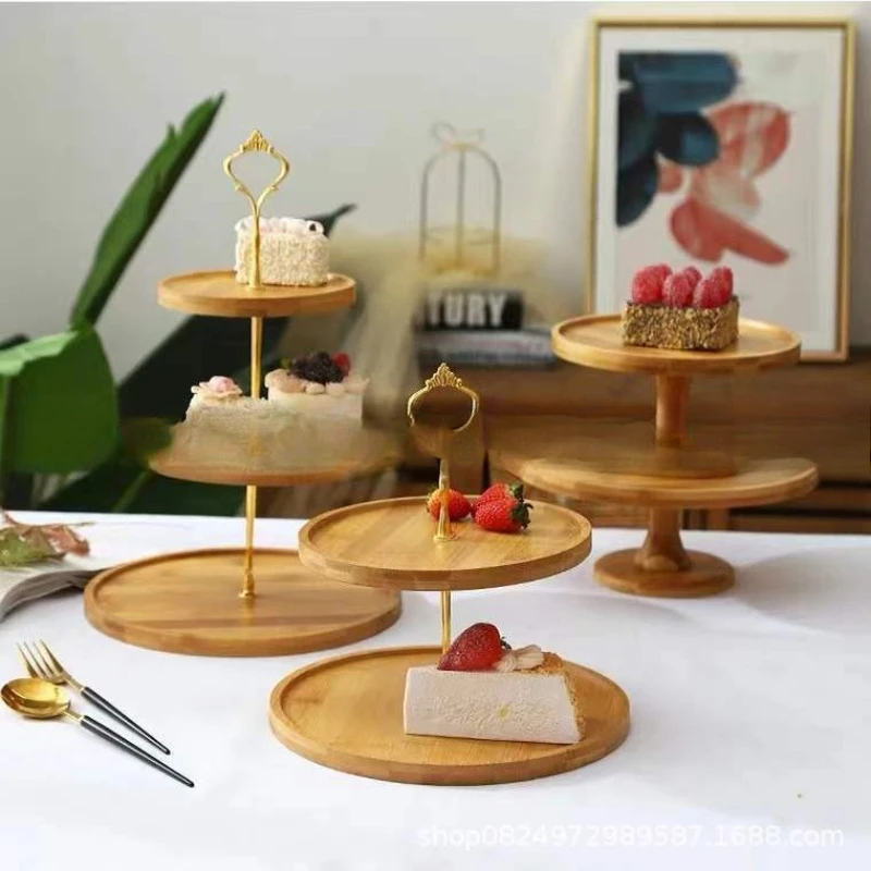 Three-tier fruit tray, multiple double-layer afternoon tea candy snacks, cakes, and snack racks, wooden