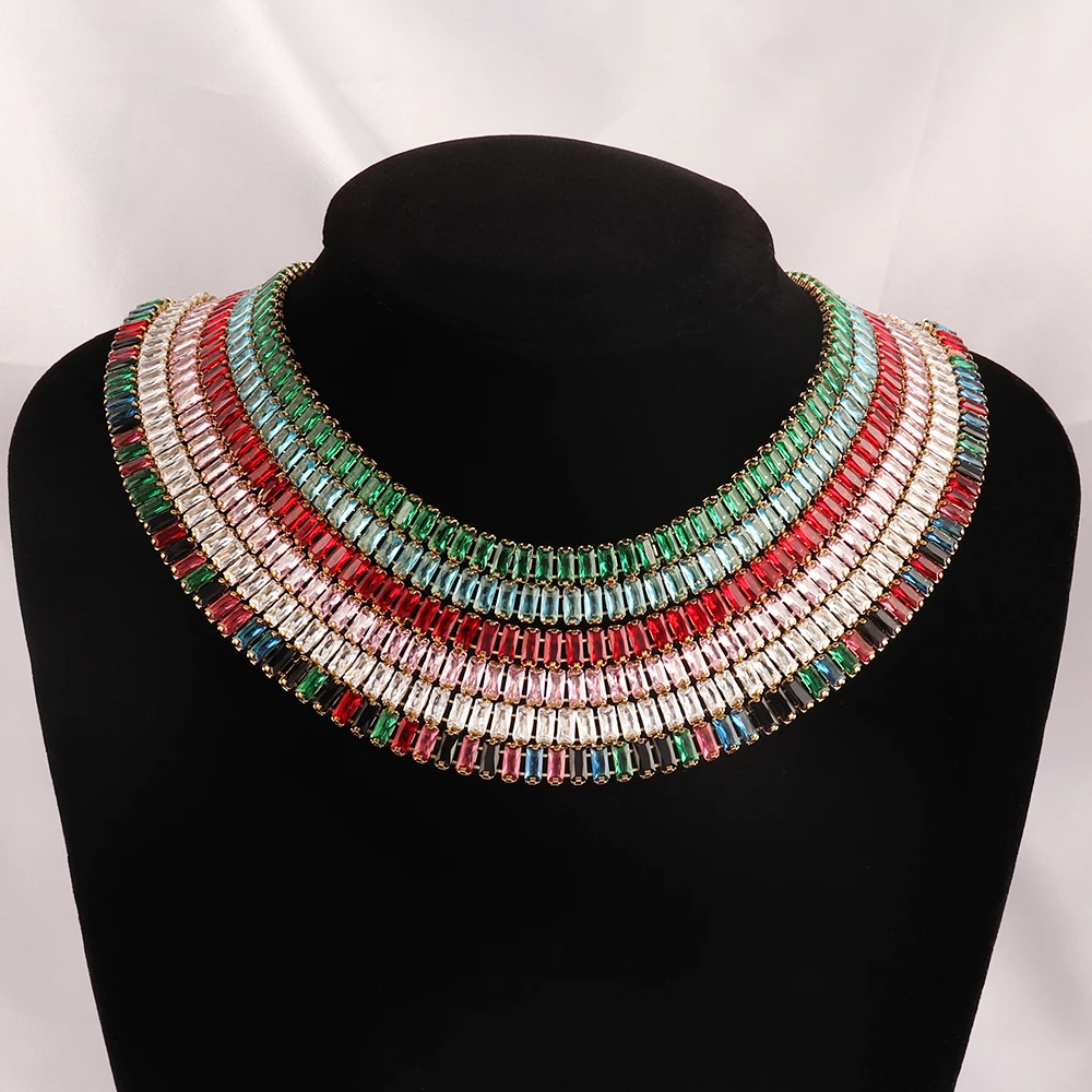 Stainless Steel Necklace Shiny Crystal White Green Cubic Zircon Choker Necklaces For Women Tennis Chain Necklace Jewelry Gift