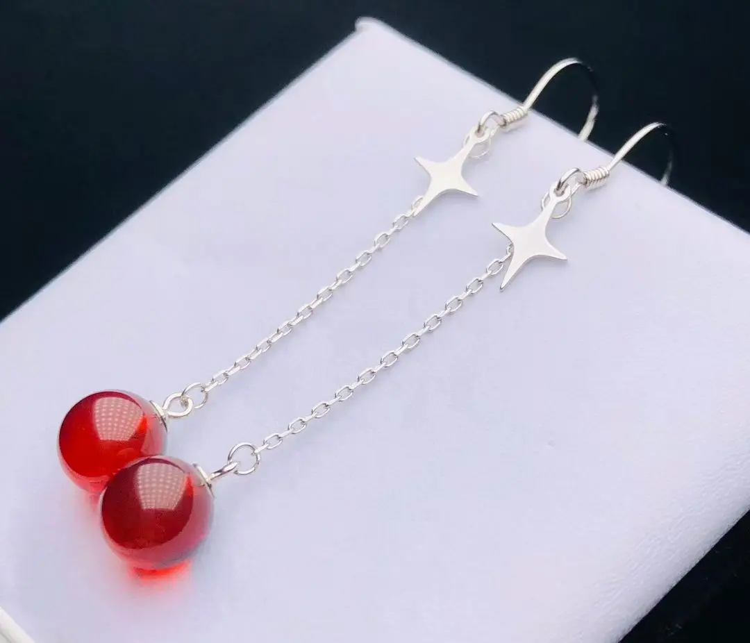 Certificated 925 Sterling Silver Baltic Red Amber Ear Hook Natural Stone Star Drop Dangle Threader Earrings Female Basic Jewelry