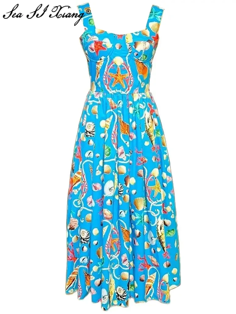 

Seasixiang Fashion Designer Summer Cotton Dress Women's Spaghetti Strap Sleeveless Print Vacation Beach Style Dresses