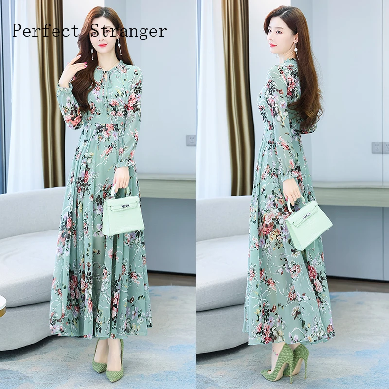 Women Spring Autumn Casual Dress Sukienka W Kwiaty Long Sleeve Flower Print Boho Robe Femme M-4XL Red Chiffon Vestidos