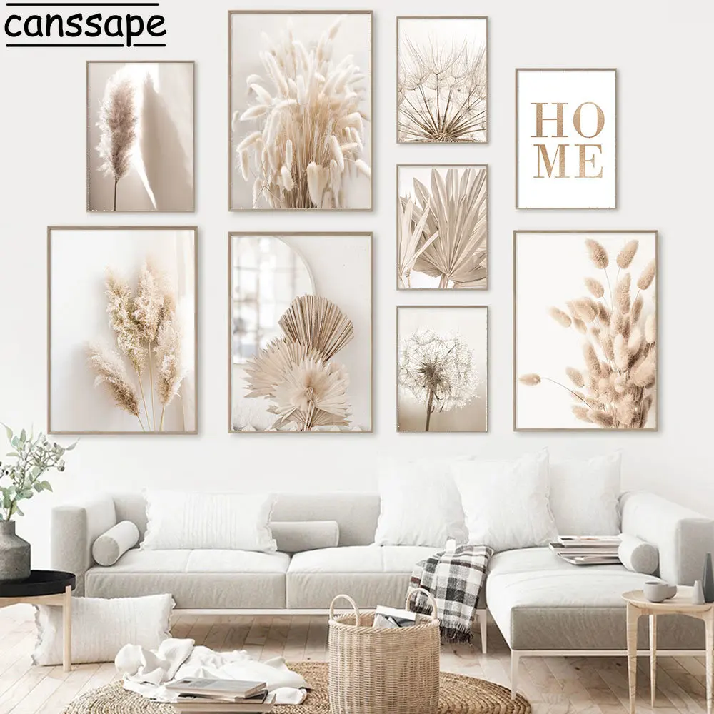 Schilfgras-Kunstposter, Löwenzahn-Blumen-Leinwandgemälde, Beige Landschaftskunstdrucke, Nordische Wandbilder für Wohnzimmer-Dekoration