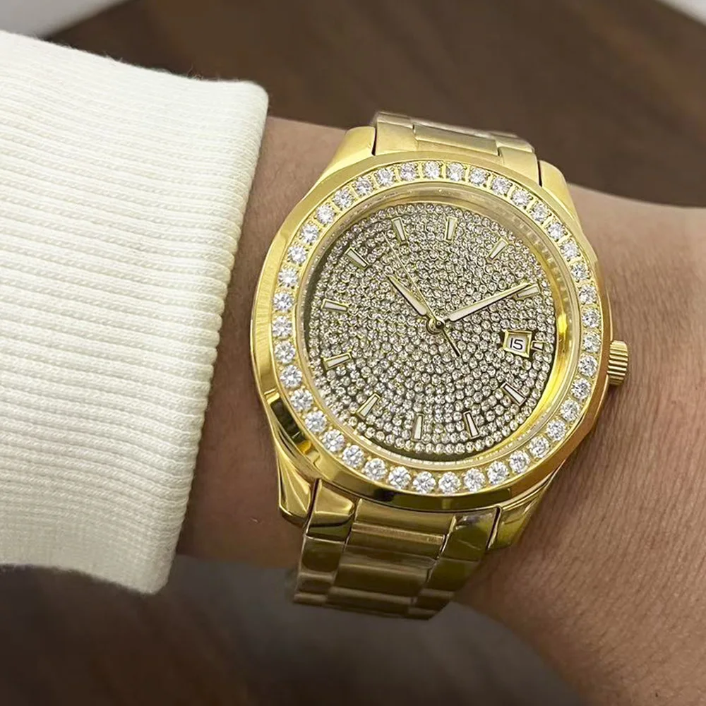 

Мужские автоматические механические часы с золотым корпусом, 42 мм, механизм 8215, дисплей даты с ремешком из нержавеющей стали, модная бриллиантовая установка