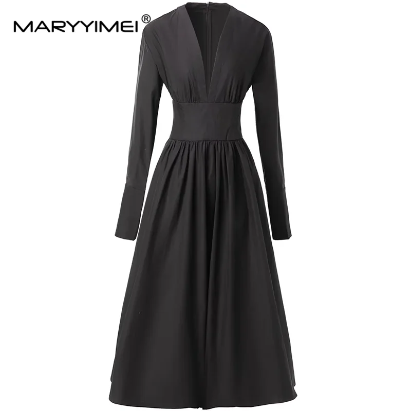 

MARYYIMEI Autumn Winter Women's Commuter Dress Fashion V-Neck Long-Sleeved High waist Basic Black/White Dresses