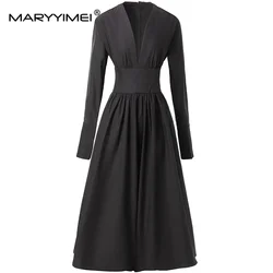 MARYYIMEI Autumn Winter Women's Commuter Dress Fashion V-Neck Long-Sleeved High waist Basic Black/White Dresses