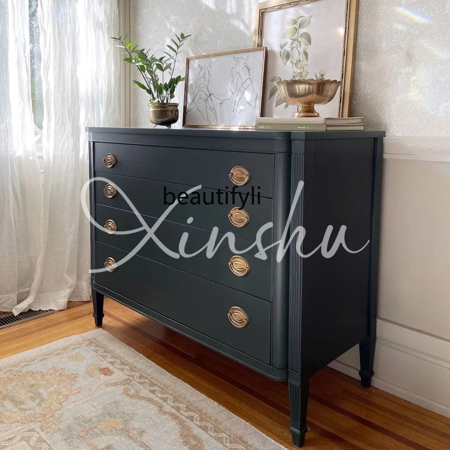 

French Vintage Style Solid Wood Chest of Drawers Decorative Cabinet American Retro Bedroom Bedside Storage Cabinet