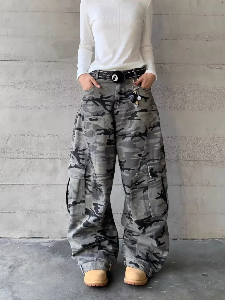 2025 Cyber Y2K Streetwear Multi bolsillos camuflaje holgado Cargo Jeans pantalones para Mujer Ropa de pierna ancha Mujer Pantalones Ropa Mujer