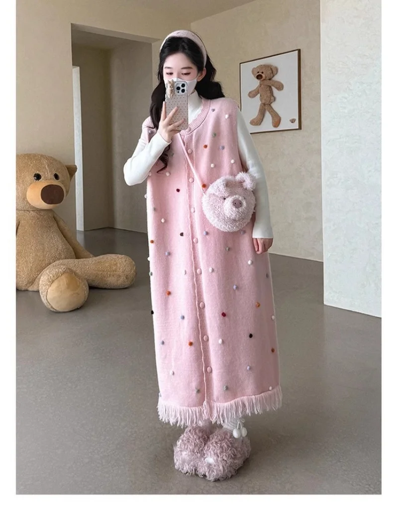 

Autumn And Winter New Women's Knitted Dress Korean Edition Colorful Hairball Tassel Sweater Tank Top Dress Vest Cardigan W1124