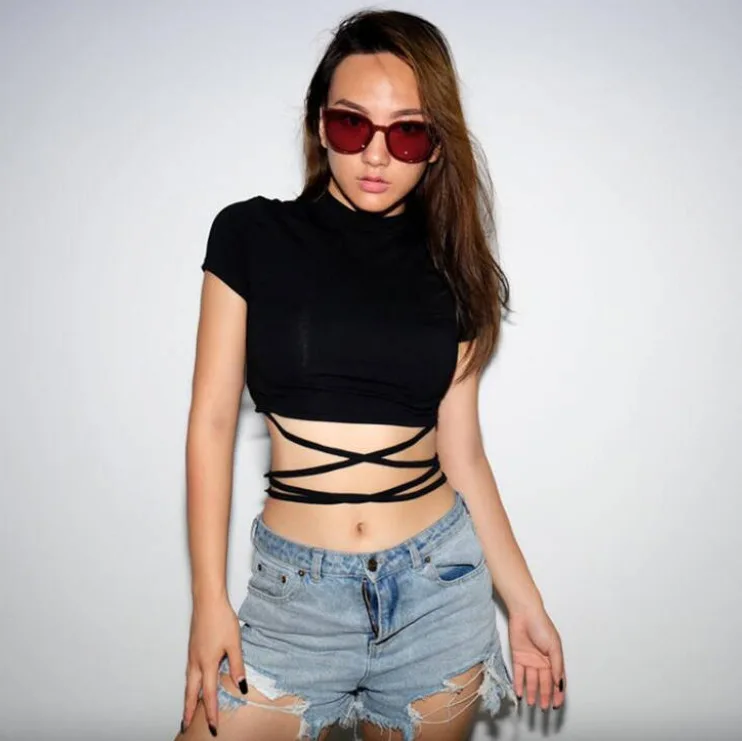 

Sexy Bandage Short Sleeve Tops Harajuku Shirt Goth Clothes Long Sleeve Crop Top See Through T Shirt Transparent Woman T shirts